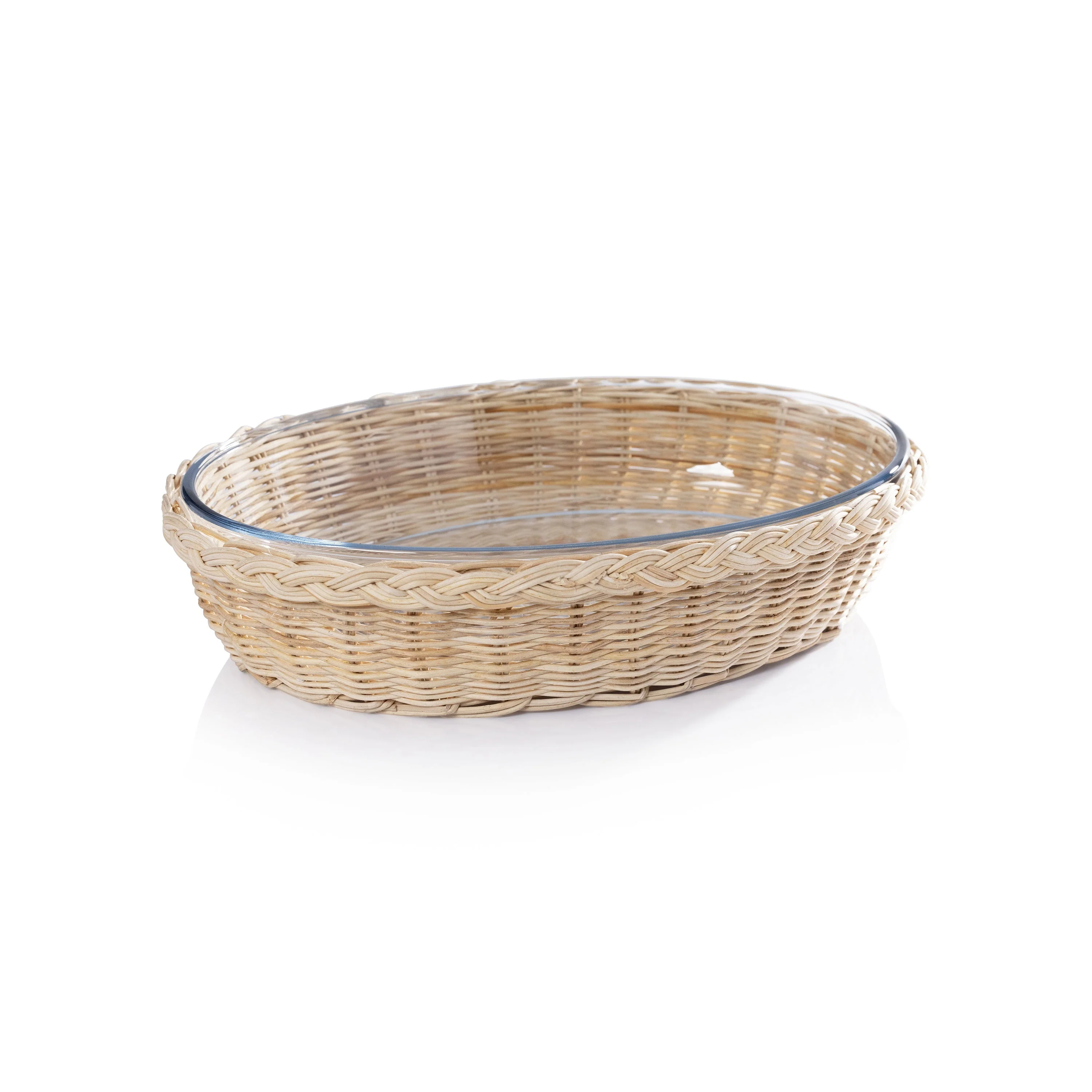 The Palmier Oval Glass Bowl in Woven Rattan Basket - Small