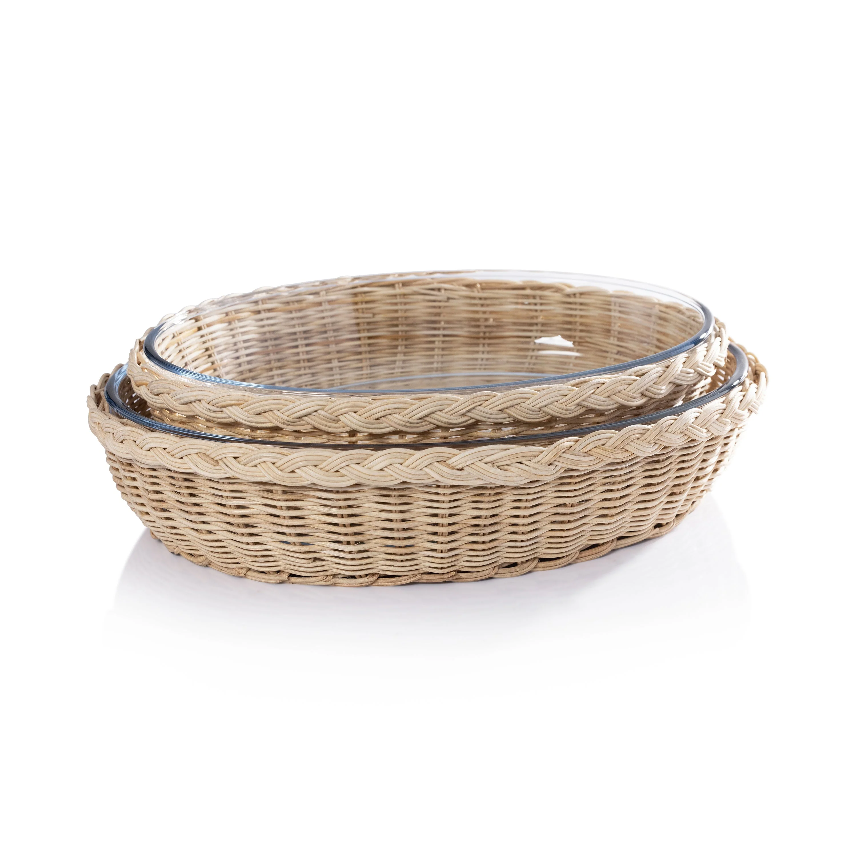 The Palmier Oval Glass Bowl in Woven Rattan Basket - Small - Image 2