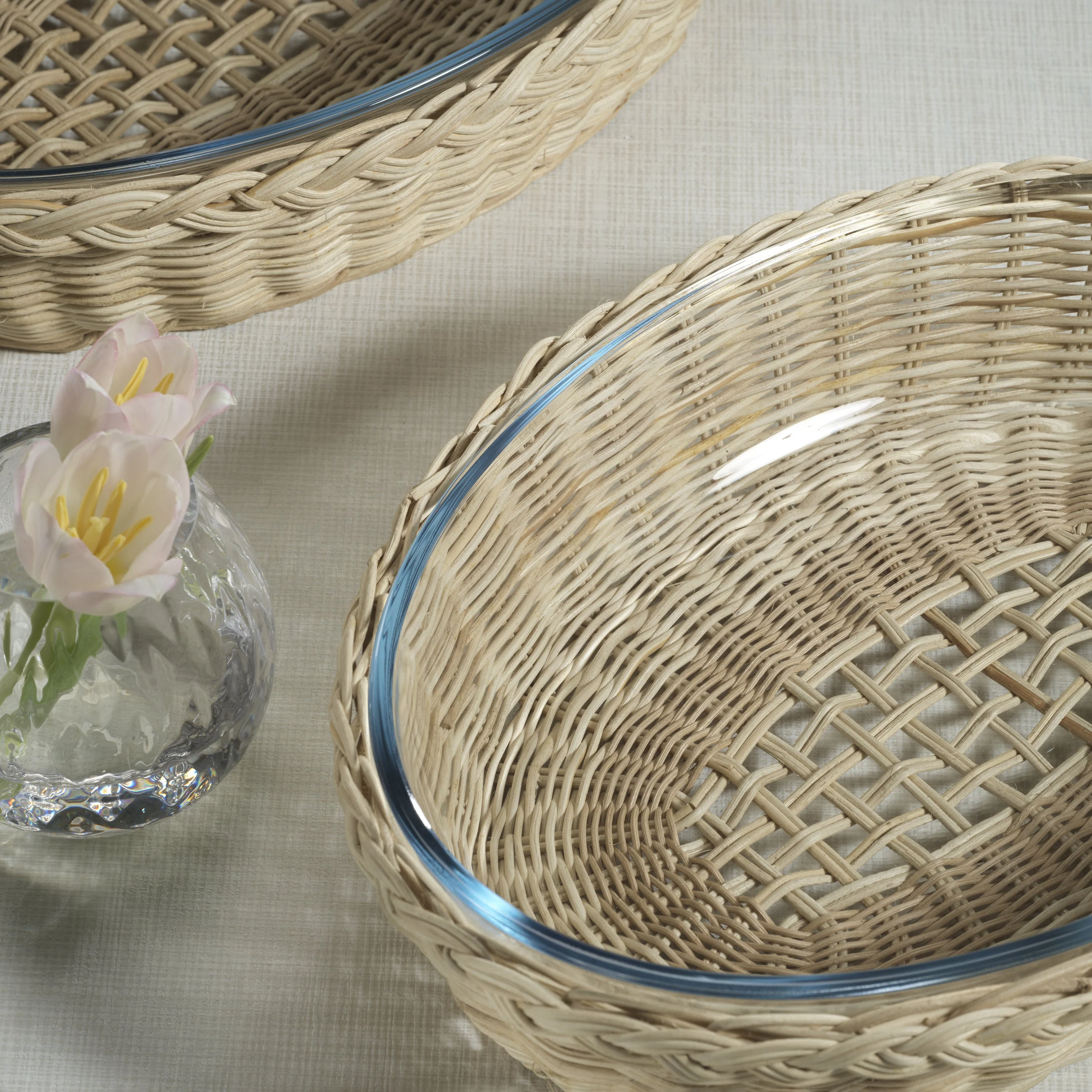 The Palmier Oval Glass Bowl in Woven Rattan Basket - Small - Image 3