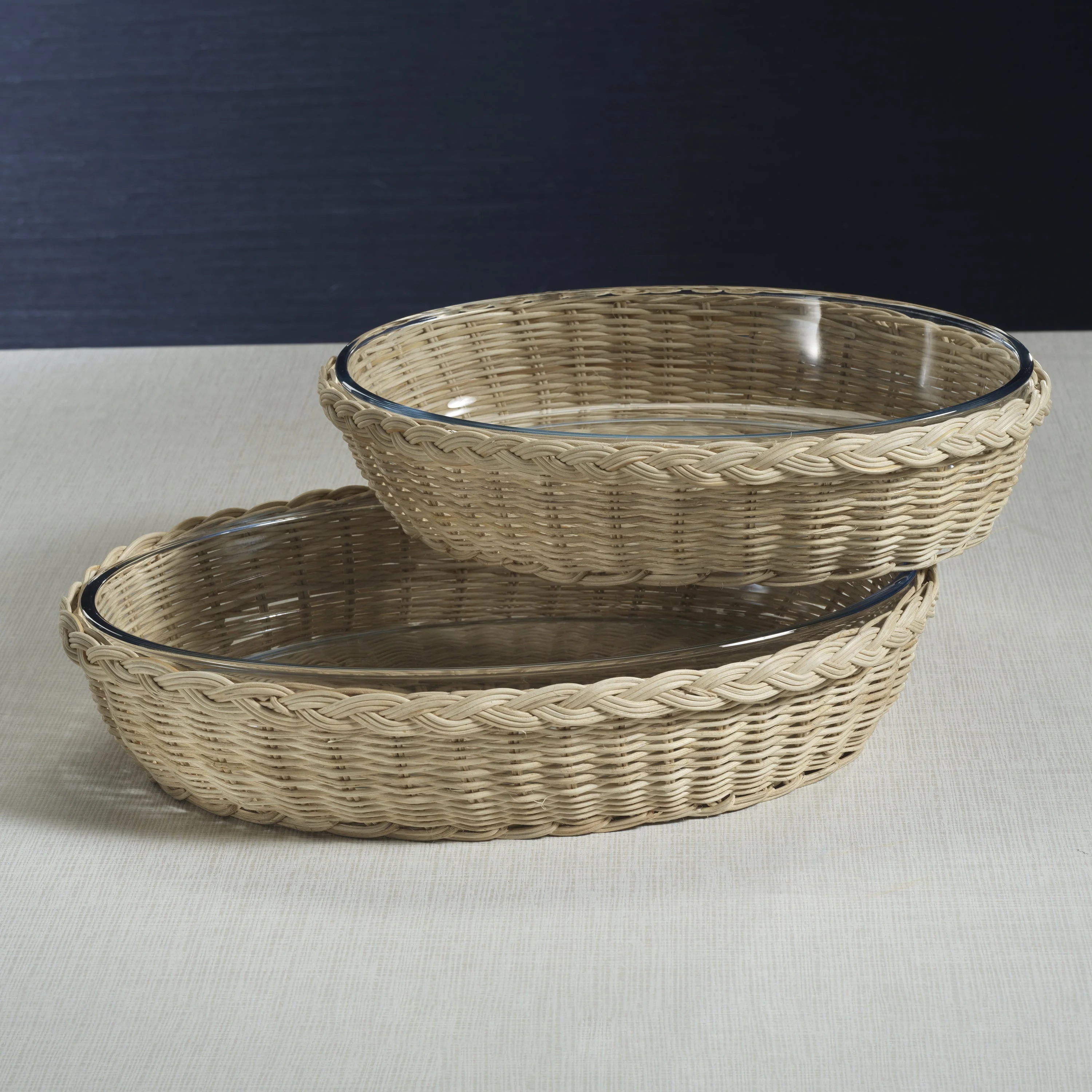 The Palmier Oval Glass Bowl in Woven Rattan Basket - Small - Image 6