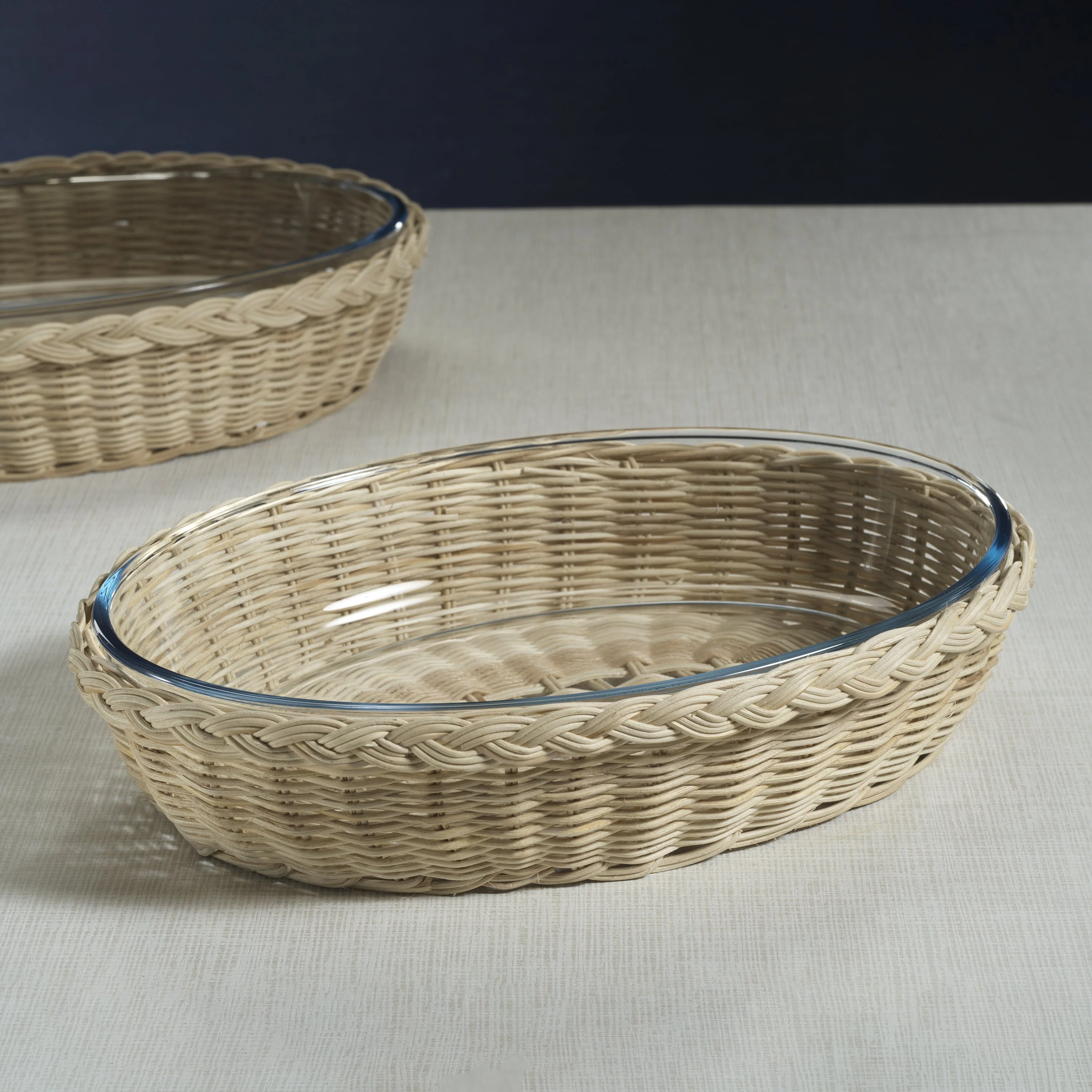 The Palmier Oval Glass Bowl in Woven Rattan Basket - Small - Image 7